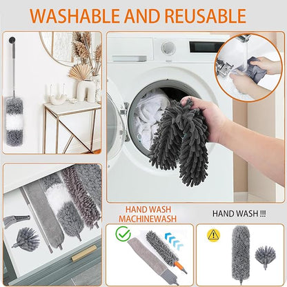 Microfiber Feather Duster Kit, 9PCS Dusters for Cleaning with 100-inch Extendable Pole, Bendable Reusable Washable Cobweb Duster for High Ceilings and Fans, Blinds, Cars and Furniture
