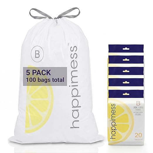 happimess 5.3 Gallon (20L) Drawstring Trash Bags, Lemon Scent, White, Heavy Duty MDPE Liners for Kitchen and Household, Odor Control, Custom Fit 100 Count (5 Packs of 20 Liners) HPM3100B-W-5SET