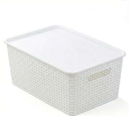 BINO | Plastic Storage Baskets with Lids, 15.5 Liter - 3 Pack, White | THE WOVEN COLLECTION | Storage Basket for Shelves Woven Storage Baskets for Organizing Bins Pantry Shelf Organizer Container Bin