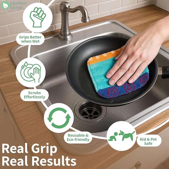 Set of 4 Premium Paperless Kitchen Dish Wash Scrubs – Sponge Scour Pads Made of 100% Natural Organic Fibers W/Non-Toxic Coat – Non-Scratch Surface – 5” x 6.5” – Ideal for Kitchen, Bathroom Cleaning