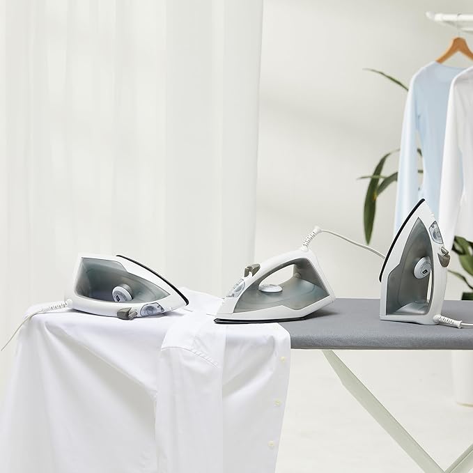 Amazon Basics 1200W 10” Steam Iron, With Non-Stick Teflon Soleplate, 5 Fl Oz Water Tank (150 ML), Auto Shut-Off, Anti-Drip, Anti-Calcification, Thermostat, 6.5Ft Cord, Gray