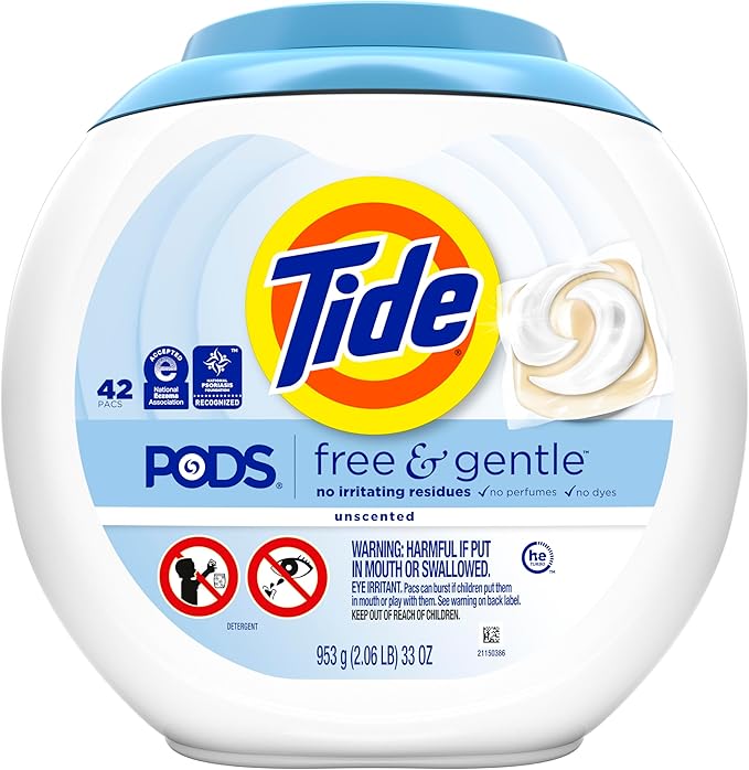 Tide PODS Free & Gentle Laundry Detergent Soap Pacs, 42 Count, Tide PODS Laundry Detergent (Packaging May Vary)