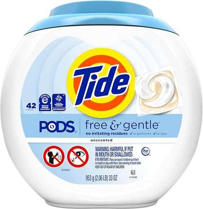 Tide PODS Free & Gentle Laundry Detergent Soap Pacs, 42 Count, Tide PODS Laundry Detergent (Packaging May Vary)