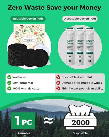ProCIV Reusable Makeup Remover Pads - 25 Pack Washable Organic Cotton Rounds for All Skin Types & Toner with Laundry Bag, Eco Friendly Zero Waste Reusable Cotton Pads Travel Gadgets (Black)