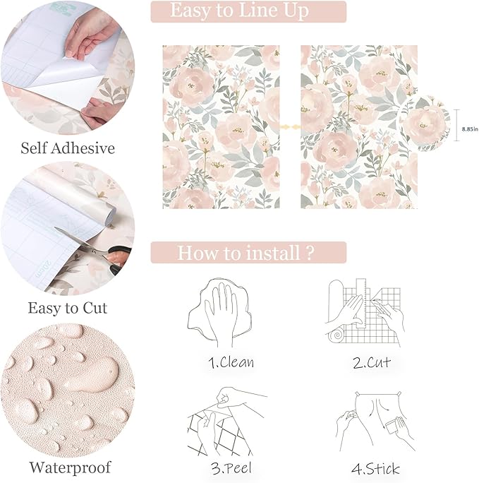 Orainege Peel and Stick Wallpaper Floral Wallpaper 17.3in x118.1in Floral Contact Paper Peony Self Adhesive Removable Wall Paper for Cabinets Walls Shelf Liner, Light Pink