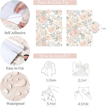 Orainege Peel and Stick Wallpaper Floral Wallpaper 17.3in x118.1in Floral Contact Paper Peony Self Adhesive Removable Wall Paper for Cabinets Walls Shelf Liner, Light Pink