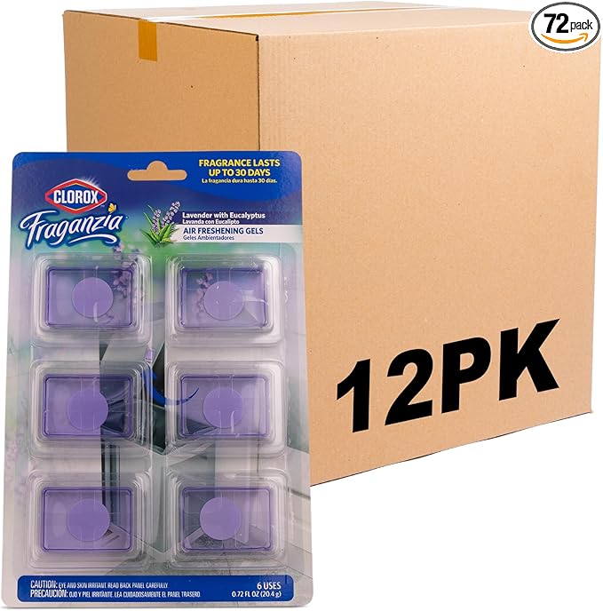 Clorox Fraganzia Stick-On Gel Fresheners, Lavender with Eucalyptus Trash Can Deodorizer Up to 30 Days Scent, Odor Absorber for Kitchen, Bathroom, Closet, No Plug or Batteries, 0.12 Fl Oz, 6 Ct - 12 Pk