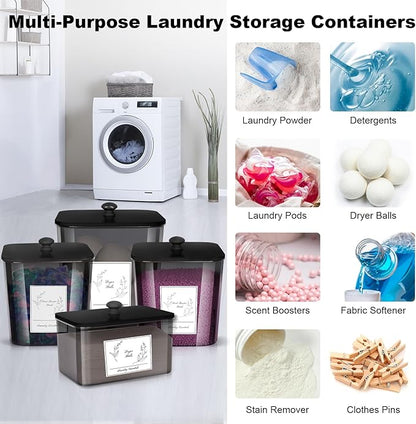 Zingbee 4 Pack Laundry Detergent Containers & Dryer Sheet Holder with Black Lids, Scoops & Labels - Plastic Laundry Organizer and Storage Jars for Pods, Detergent, Scent Booster