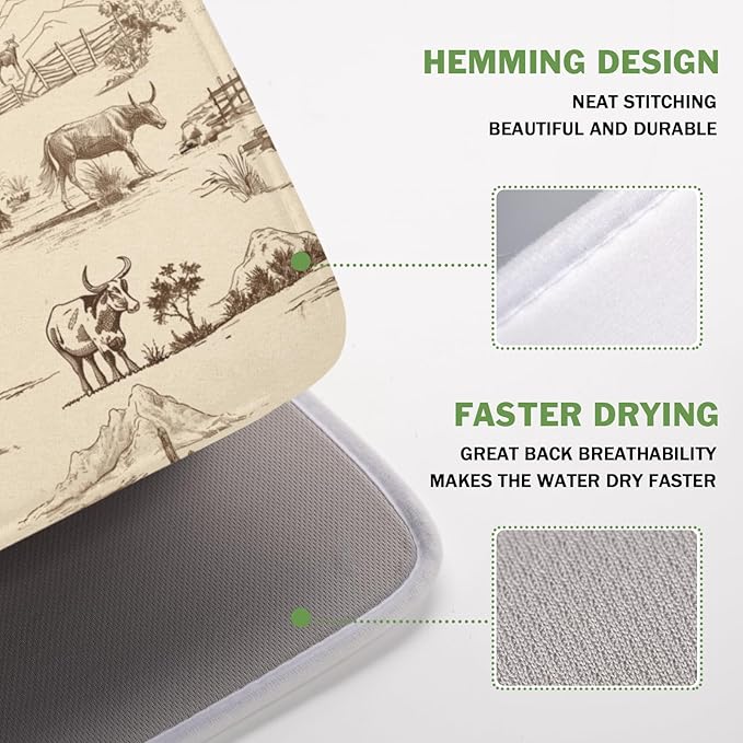 Cowboy Dish Drying Mat 18x16 Inch, West Drying Mat with Absorbent Reversible Microfiber, Cactus Dish Drainer Mats Summer Western Rack Pad for Coffee Countertop Kitchen Protector