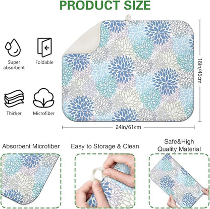 Dish Drying Mat Drainer Pads - Extra Large Microfiber Drying Mats for Dishes Kitchen Counter Super Absorbent Pads for Draining Racks (Blue,18"x24" )