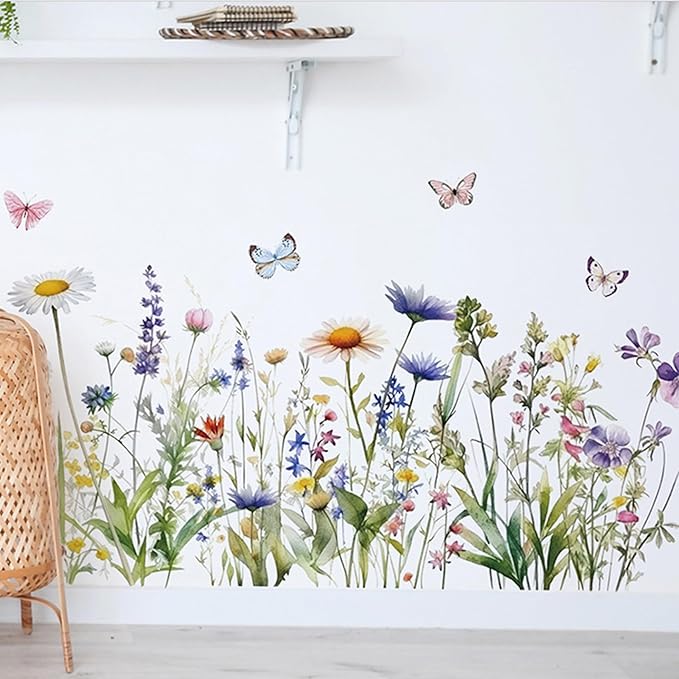 Wildflower Grass Daisy Wall Decals, Garden Floral Butterflies Flower Wall Stickers, BWCXXZH Self-Adhesive Wall Art Stickers for Girls Bedroom Living Room Nursery Decor