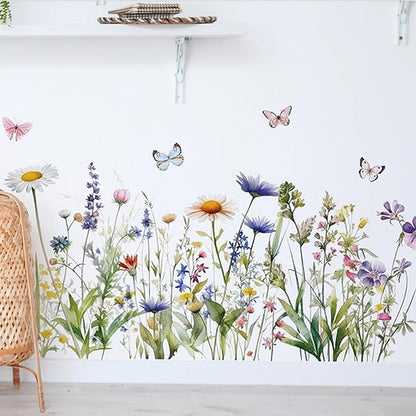 Wildflower Grass Daisy Wall Decals, Garden Floral Butterflies Flower Wall Stickers, BWCXXZH Self-Adhesive Wall Art Stickers for Girls Bedroom Living Room Nursery Decor