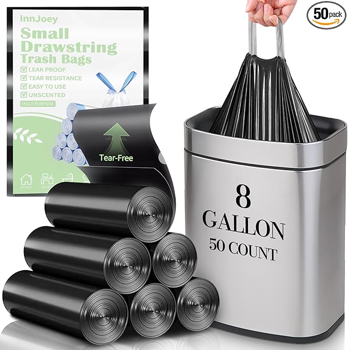 50 Count Small Trash Bags for 8-Gallon (30 L) Trash Cans,Thick Pre-separated Garbage Bags,Mini Wastebasket can Liners for Bathroom Bedroom Office(Black)