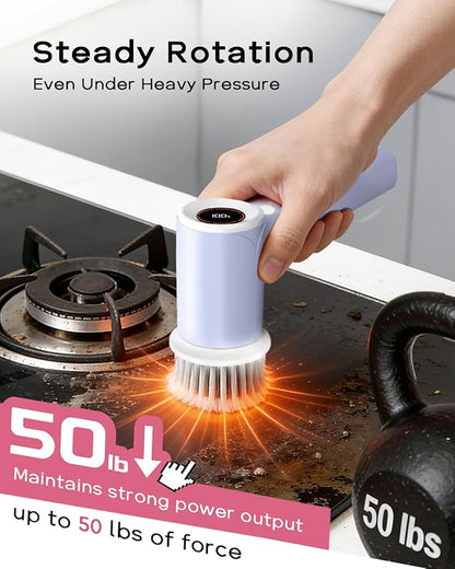 PUFTEM Upgraded Electric Spin Scrubber, Powerful Cordless Shower Scrubber with 4500mAh Large Battery & Speed Display, 6 Replaceable Brush Heads, Cleaning Brush for Bathroom Tile Tub Floor (Purple)