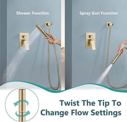 Aolemi Shower Faucet Set, High Pressure Shower System with 2-in-1 Handheld Sprayer, Wall Mount Fixture Combo with Rough-in Valve, 10 Inch Shower Head, Brushed Gold
