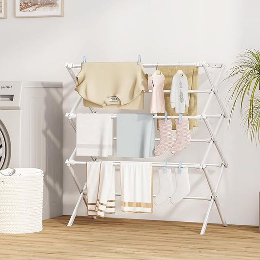 Homeiju Foldable Clothes Drying Rack for Laundry, Heavy Duty Drying Rack Clothing, Collapsible Folding Laundry Dryer, Easy Assembly, Space Saving Household Indoor Outdoor Use, White
