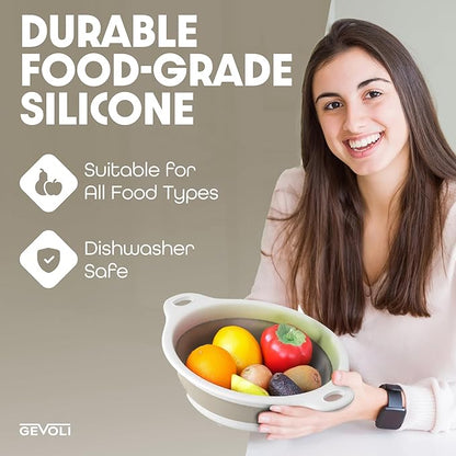 Gevoli Collapsible Colanders (3 Pack Set) Food Strainers with Over-Sink Water Draining Base for Pasta Fruits and Vegetables, White/Beige (3 Sizes, 3QT, 4QT and 5 Quart)