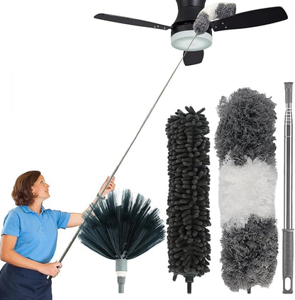 4 Pcs Microfiber Cobweb Duster with 100" Extension Pole,Bendable Ceiling Fan Duster Kit with 3 Duster Heads,Washable Reusable Spider Web Brush for High Ceiling and Walls Furniture Home