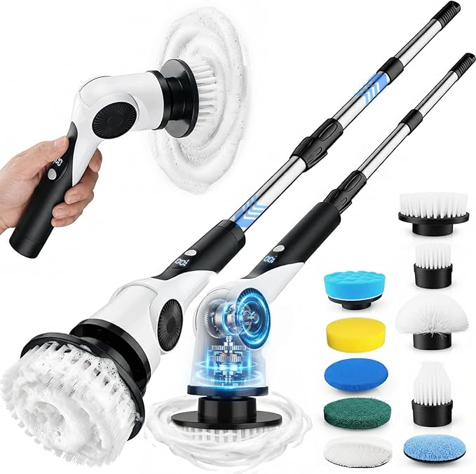 Electric Spin Scrubber, 3-Speed Shower Scrubber with Long Handle & 10 Replaceable Brush Heads, Cordless Shower Cleaner Brush with 90 Mins Runtime & Full-Body IPX7 Waterproof for Bathroom Kitchen
