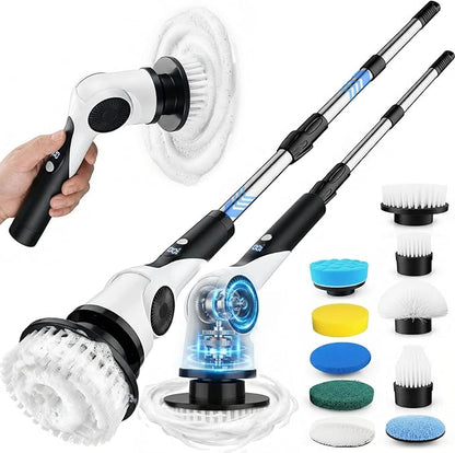 Electric Spin Scrubber, 3-Speed Shower Scrubber with Long Handle & 10 Replaceable Brush Heads, Cordless Shower Cleaner Brush with 90 Mins Runtime & Full-Body IPX7 Waterproof for Bathroom Kitchen