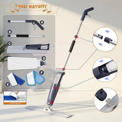 24" Dry mops for Floor Cleaning, Microfiber mop Spray System, Commercial Heavy-Duty Wet mops with 28oz Big Tank, 2 Washable Pads (Commercial Blue, 24inch-2Pack)