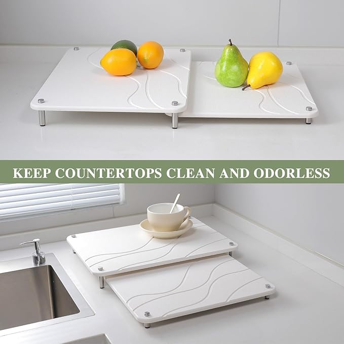 2-Pack Marble Dish Drying Mats for Kitchen Counter, Diatomaceous Earth (Diatomite) Quick-Dry Sink Countertop Pads for Dishes & Utensils, Non-Slip, Easy to Clean,White