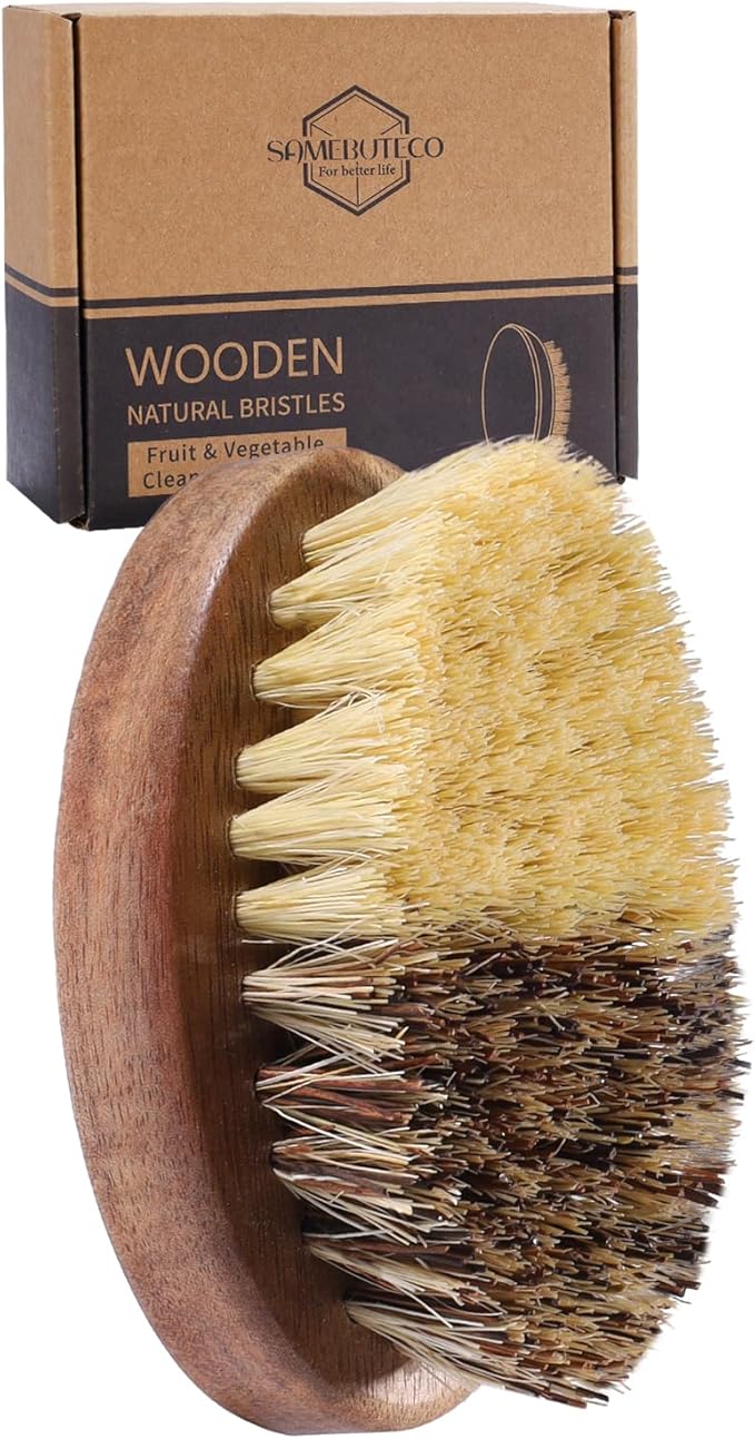 Fruit & Vegetable Cleaning Brush with Acacia Wooden Handle, Dual Bristle Produce Scrubber with Sisal and Palm Fibers, Oval Easy-Grip Design, Single Brush with Box,Brown