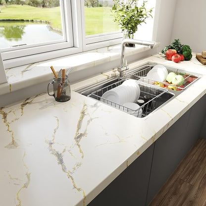 LACHEERY 24"x160" White and Gold Marble Contact Paper 24 Inch Wide Marble Peel and Stick Countertop Contact Paper Waterproof Self Adhesive Marble Peel and Stick Wallpaper for Walls Counter Tops Vinyl