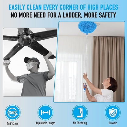 Blue Ceiling Fan Duster - Extended Fan Blade Cleaner, Reusable Microfiber, Adjusts 13 to 55 Inch for Cleaning Walls, Cobweb, Door, Window Top