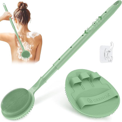 Silicone Back Scrubber & Soft Bath Glove 2PCS, 16''- 24'' Extendable Shower Scrubber with Dual-Side Head, 360° Anti-Slip & Hand-fit Silicone Body Scrubber for Rich Foaming Deep Cleaning(Green)