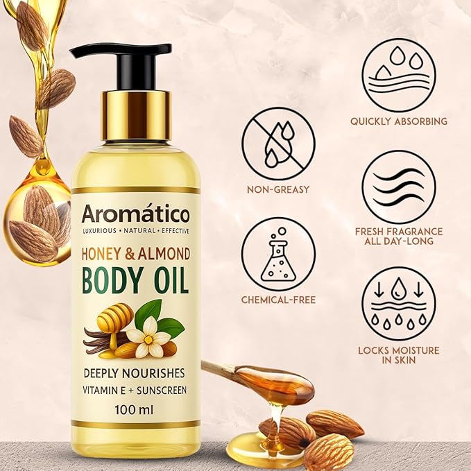 Aromatico Honey & Almond Mini Body Oil for Women. Dry Skin-Deep Hydration Formula for Glowing Skin in the Winters. Non-Sticky Texture, for Daily Use after Bath. Cozy & Creamy Fragrance - 4 fl Oz