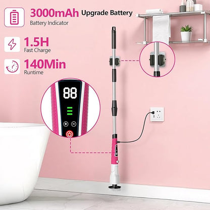 Electric Spin Scrubber,2026 New Adjustable Angle Cleaning Brush，IPX7 Waterproof Shower Scrubber with 3 Speed Settings,9 Brush Heads & Extendable Long Handle for Bathroom, Kitchen and Car Cleaning