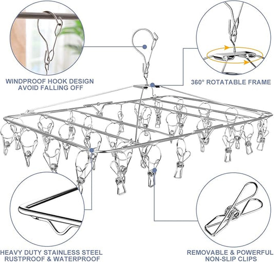 Fayleeko Drying Rack, 52 Clips Stainless Steel Laundry Drying Rack Folding Sock, Underwear, Clothes Hangers for Drying Towels, Bras, Lingerie, Baby Clothes