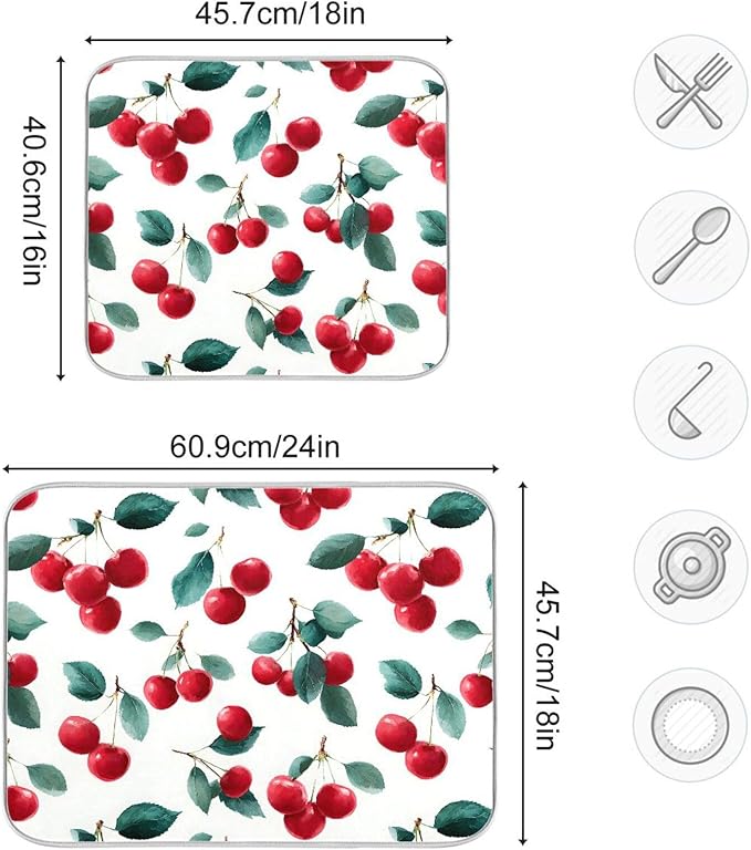 Red Cherry Leaves Dish Drying Mat for Kitchen Counter Absorbent Microfiber Drying Pad, Large 18x24 in