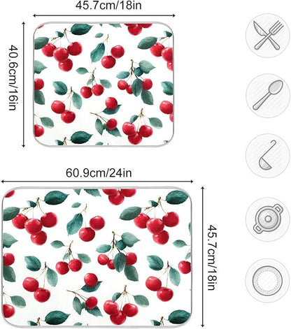 Red Cherry Leaves Dish Drying Mat for Kitchen Counter Absorbent Microfiber Drying Pad, Medium 16x18 in