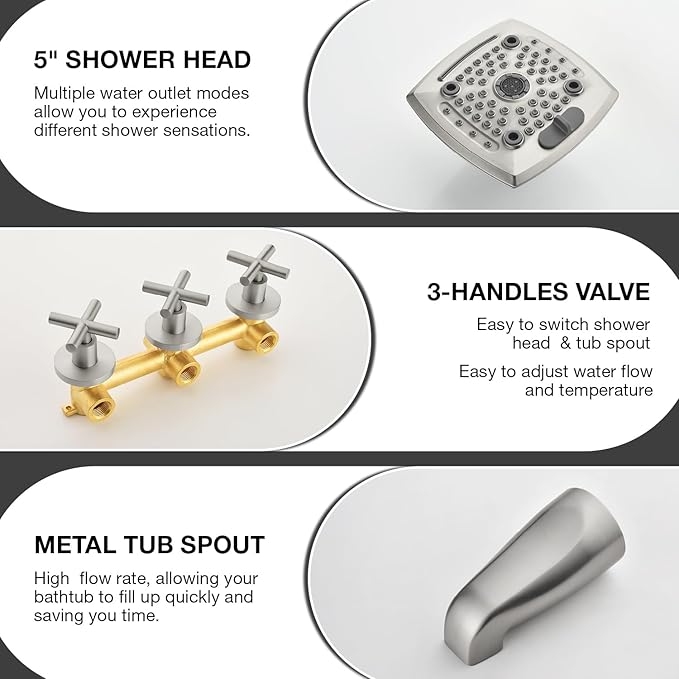 3 Handle Shower Faucet Set with Tub Spout 6-Spray Shower Head and Handle Set Shower Trim Kit with Rough-in Valve Bathroom Shower Faucet Valve Trim Kit Shower System Brushed Nickel