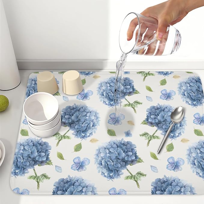 Spring Summer Hydrangea Dish Drying Mat for Kitchen Counter 18 x 24 Inch Blue Floral Dish Drainer Mat Absorbent Microfiber Dish Rack Pad for Holiday Coffee Dining Bar Decor