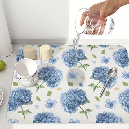 Spring Summer Hydrangea Dish Drying Mat for Kitchen Counter 18 x 24 Inch Blue Floral Dish Drainer Mat Absorbent Microfiber Dish Rack Pad for Holiday Coffee Dining Bar Decor