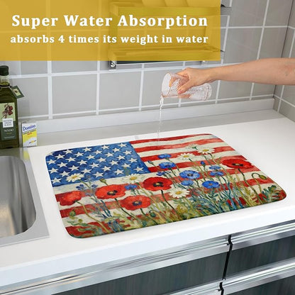 Patriotic American Flag Dish Drying Mat for Kitchen Counter 18x24 4th of July Red Blue White Floral Rustic Absorbent Reversible Microfiber Drying Mats Kitchen Countertop Protector Dishes Drainer Pad