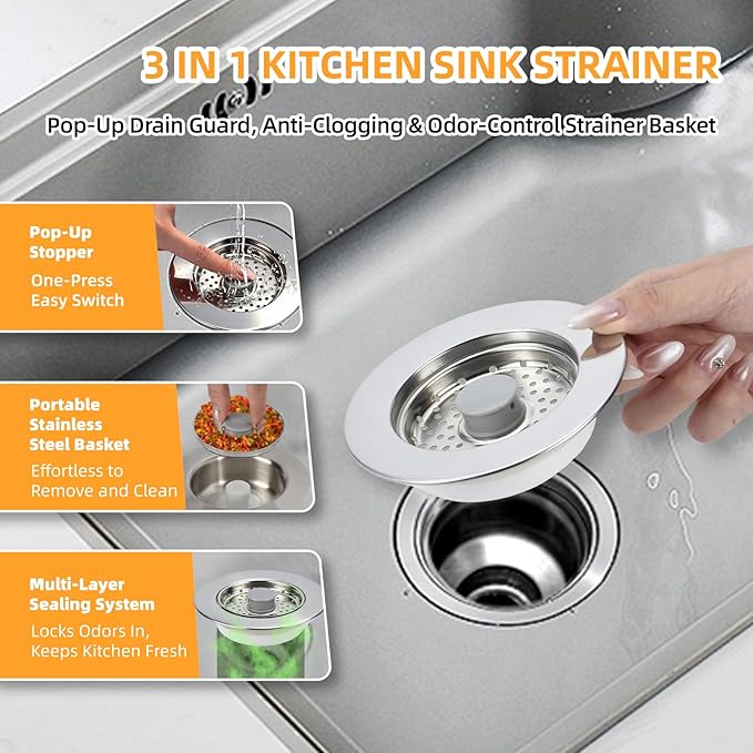 Sink Drain Strainer - Kitchen Sink Stopper, 3 In 1 Kitchen Sink Drain Strainer with Anti-Clogging Basket, Fit US Standard 3-1/2'' Sink Hole