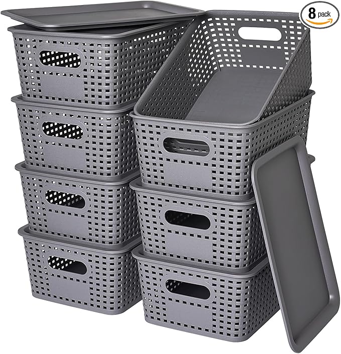 Plastic Storage Baskets with Lid-Plastic Storage Containers Stackable Storage bins: Storage Baskets for Organizing Shelves Drawers Desktop Closet Playroom Classroom Office,8 Pack-Gray10.2x7.2x4.1Inch