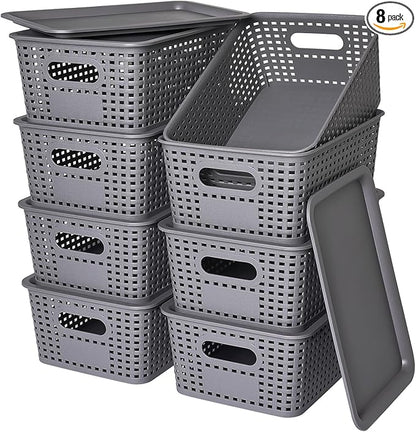 Plastic Storage Baskets with Lid-Plastic Storage Containers Stackable Storage bins: Storage Baskets for Organizing Shelves Drawers Desktop Closet Playroom Classroom Office,8 Pack-Gray10.2x7.2x4.1Inch