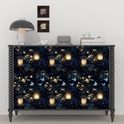 Night Forest Wallpaper Peel and Stick Dark Contact Paper Vintage Green Leaf Wall Paper Vinyl Waterproof Self Adhesive Retro Lantern Butterfly Walls Mural for Bedroom Cabinet Table Décor17.5" x 393"