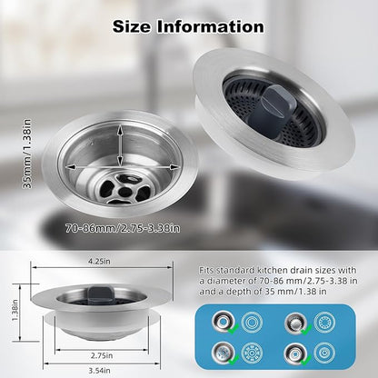 Universal 2 Pack Kitchen Sink Strainer with Drain Stopper Set, Stainless Steel Pop Up Kitchen Sink Stopper, Equipped with 4 Basket Strainers, Dishwasher Safe, Fits 3-1/2'' Drain