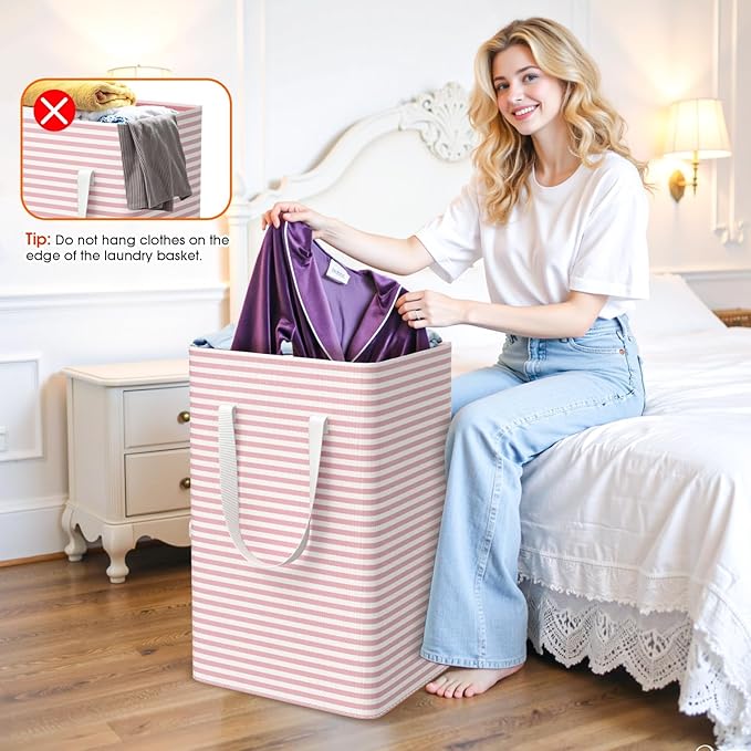 3 Pack Large Laundry Basket,Waterproof & Freestanding Laundry Hamper,Collapsible Clothes Hampers with Easy Carry Long & Reinforced Handles in Bathroom,College Dorm(125Lx3,Pink)