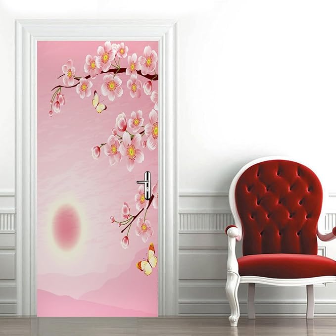 A.Monamour 3D Door Stickers for Interior Doors Cherry Blossom and Butterfly on Pink Background Vinyl Waterproof Self Adhesive Door Mural Decals for Bedroom Office Bathroom 85x200cm