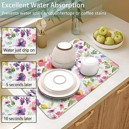 Dish Drying Mat for Kitchen Counter 2 Pack with Non-Slip Rubber Backing - Heat-Resistant Absorbent Coffee Bar Mat, Dish Rack Mat, Watercolor Flower Dish Drying Mats 18x24+19.5x12 inch