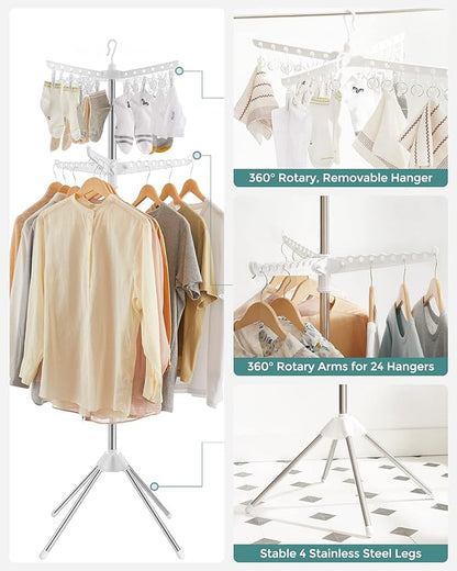 SONGMICS 2-Tier Clothes Drying Rack, 72-Inch Folding Laundry Drying Rack with 3 Rotatable Arms for Hangers, 24 Clips, Stainless Steel, for 27 Pieces of Clothes, White and Silver ULLR512W01
