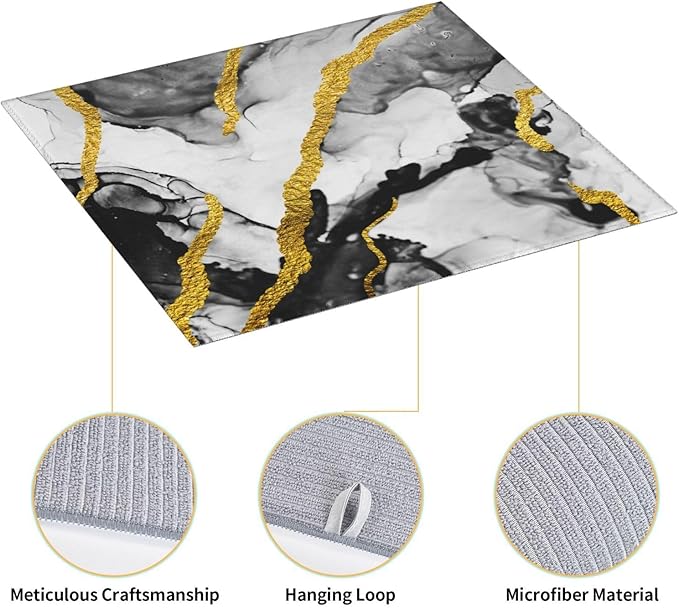 Black White Gold Marble Dish Drying Mat for Kitchen Counter, Absorbent Microfiber Drying Pad for Countertop & Sink, Foldable Modern Kitchen Dish Draining Mat for Dining Area, Home Decor, 16" x 18"