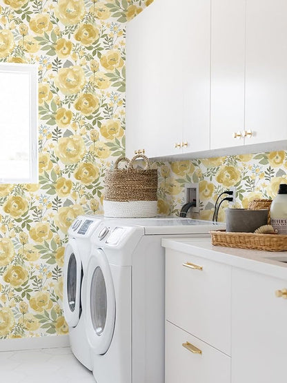 Orainege Floral Wallpaper Peel and Stick Wallpaper 16.9inx118.1in Self Adhesive Wallpaper Boho Contact Paper Removable Decorative Wall Paper for Bedroom Bathroom Shelf Liner Decor Vinyl,Yellow